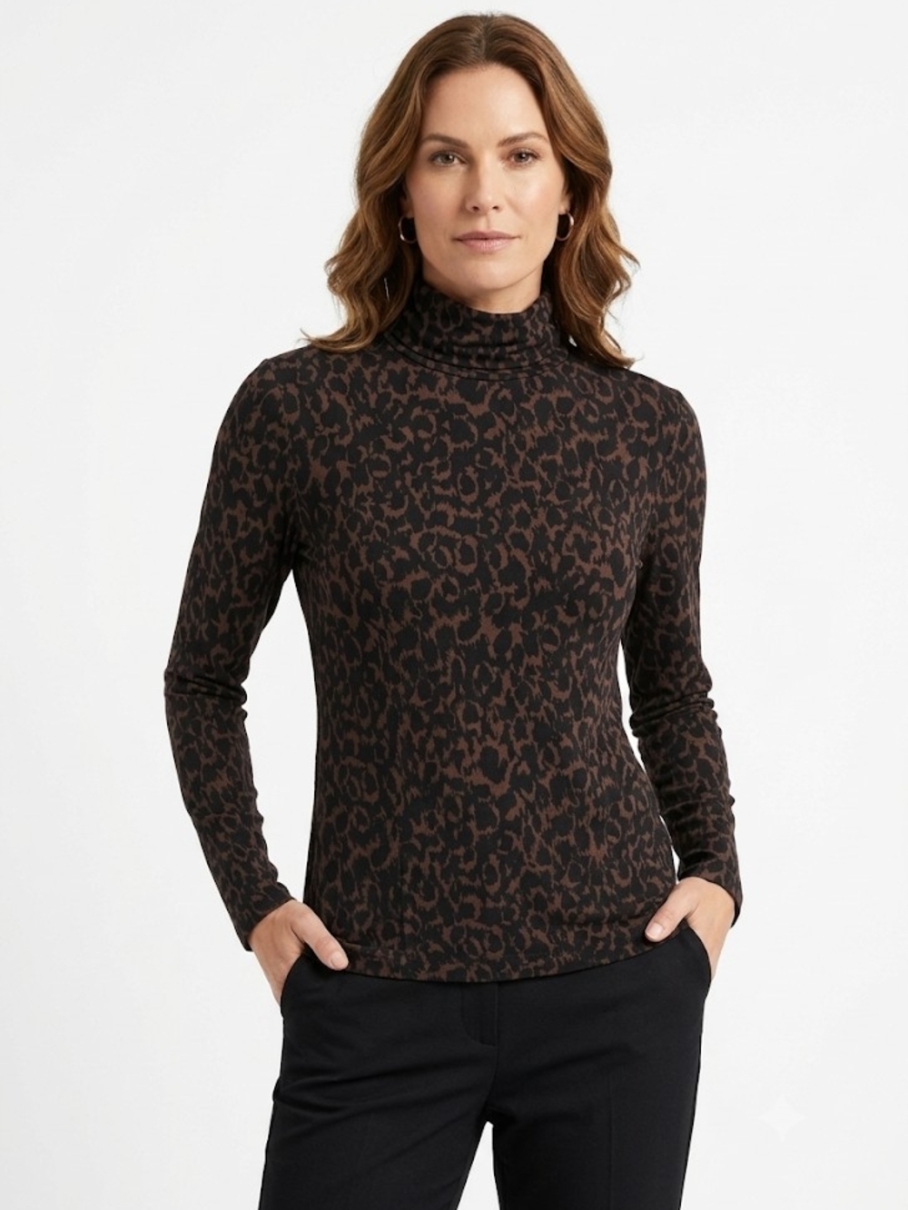 H by Halston Brown and Black Leopard Print Turtleneck Sweater